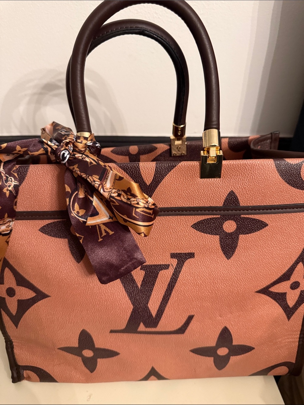 Monogram ToteTAN/BROWN with Dark Brown Trim and Scarf NWOT